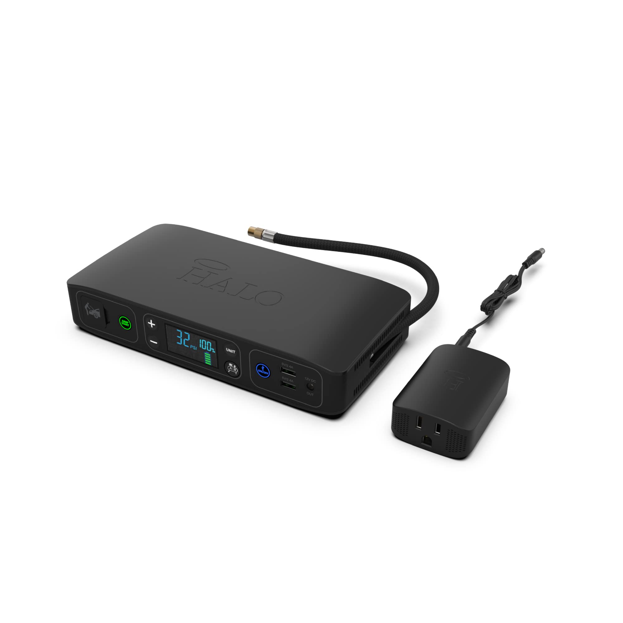 Halo Bolt Air +, Portable Vehicle Jump Starter With Air Compressor, Power Bank With Digital Display Charges Multiple Devices, Bolt Air+ Ac Inverter