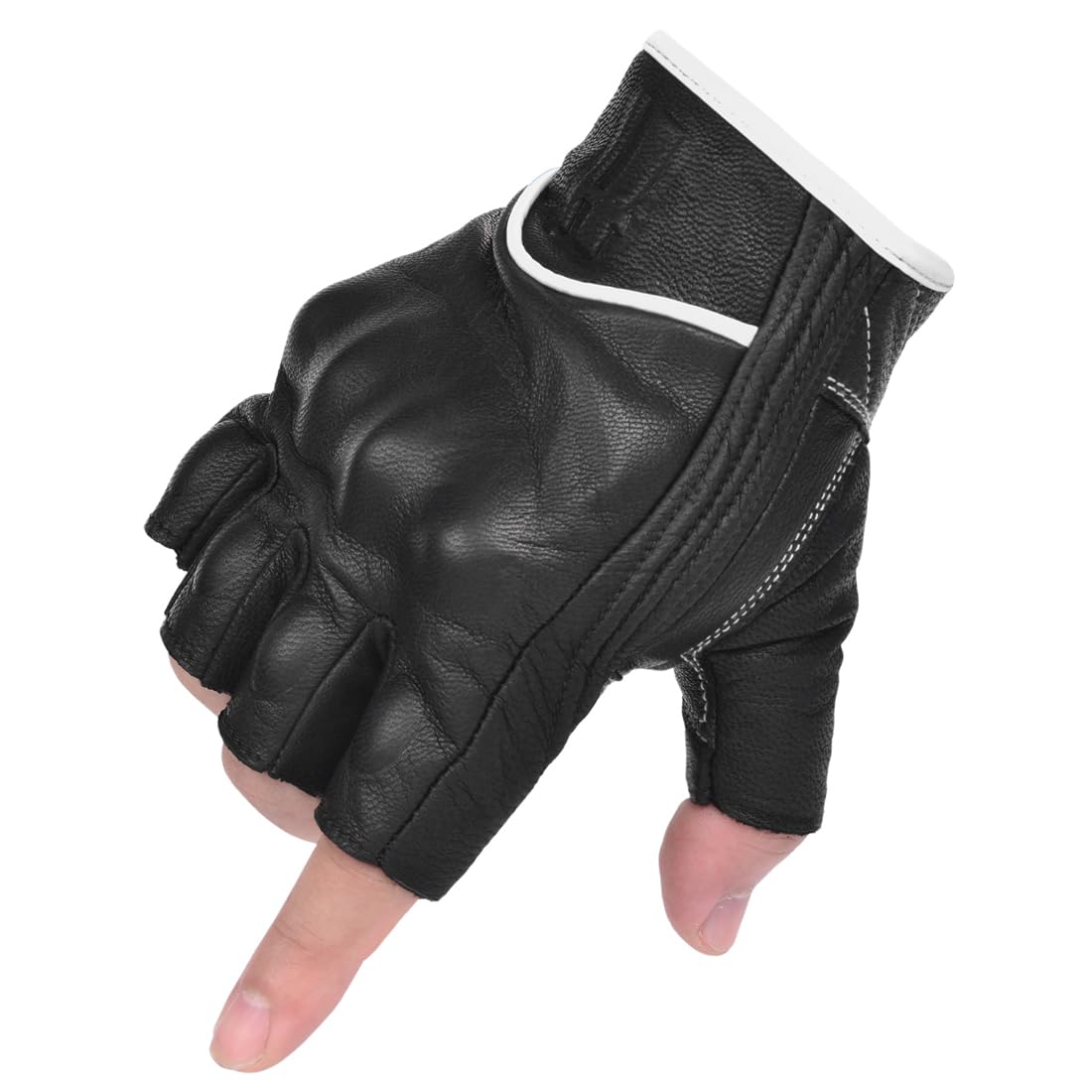 Harssidanzar Fingerless Motorcycle Gloves For Mens Leather Riding Driving Half Finger Gloves Gm037, Black/White, Size Small