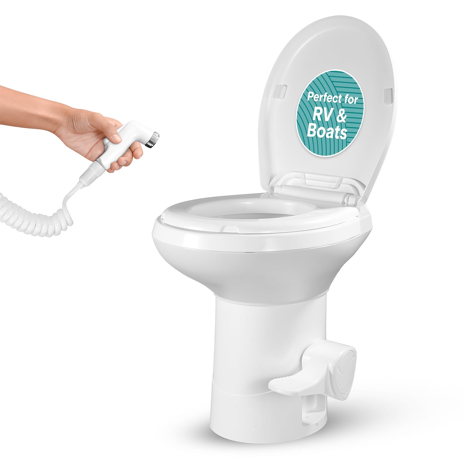 SereneLife Camper/RV Toilet - Easy Flush with Foot Pedal, Hand Sprayer, Soft-Close Seat, Leak-Proof Bowl, Odor-Free, Includes Ac