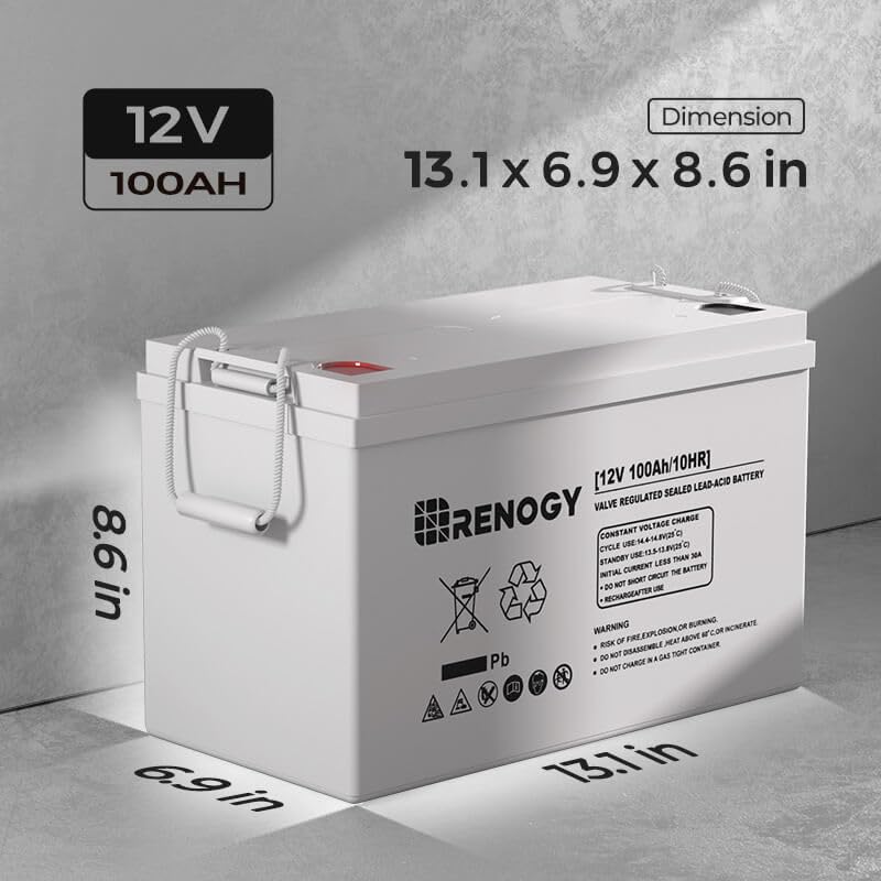Renogy Deep Cycle Agm 12 Volt 100Ah Battery, 3% Self-Discharge Rate, 1100A Max Discharge Current, Safe Charge Appliances For Rv,