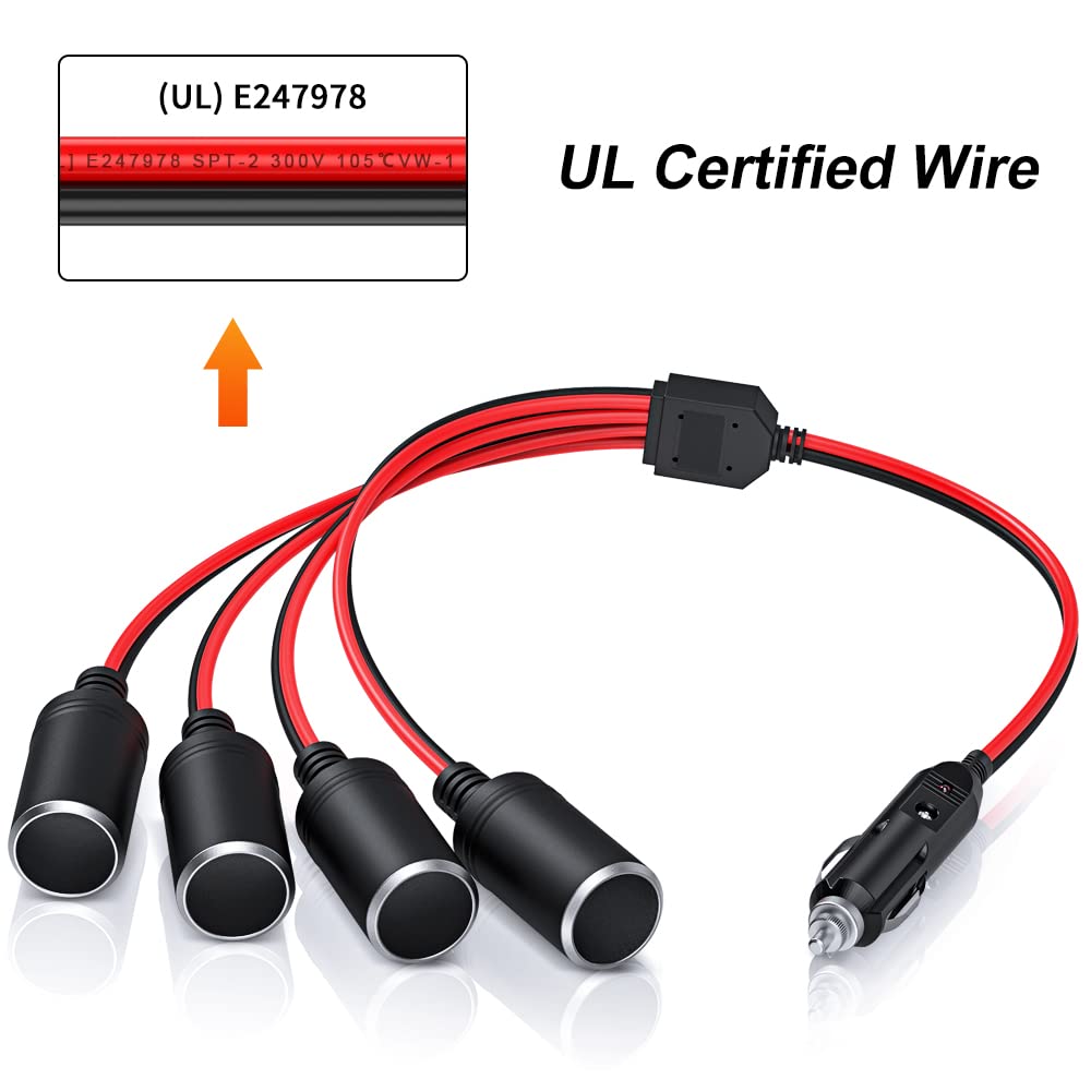 ELECTOP 4-Way Car Cigarette Lighter Splitter Adapter, 12V/24V Power Charger with 12-inch Extension Cord & 15A Fuse, 16AWG Cable