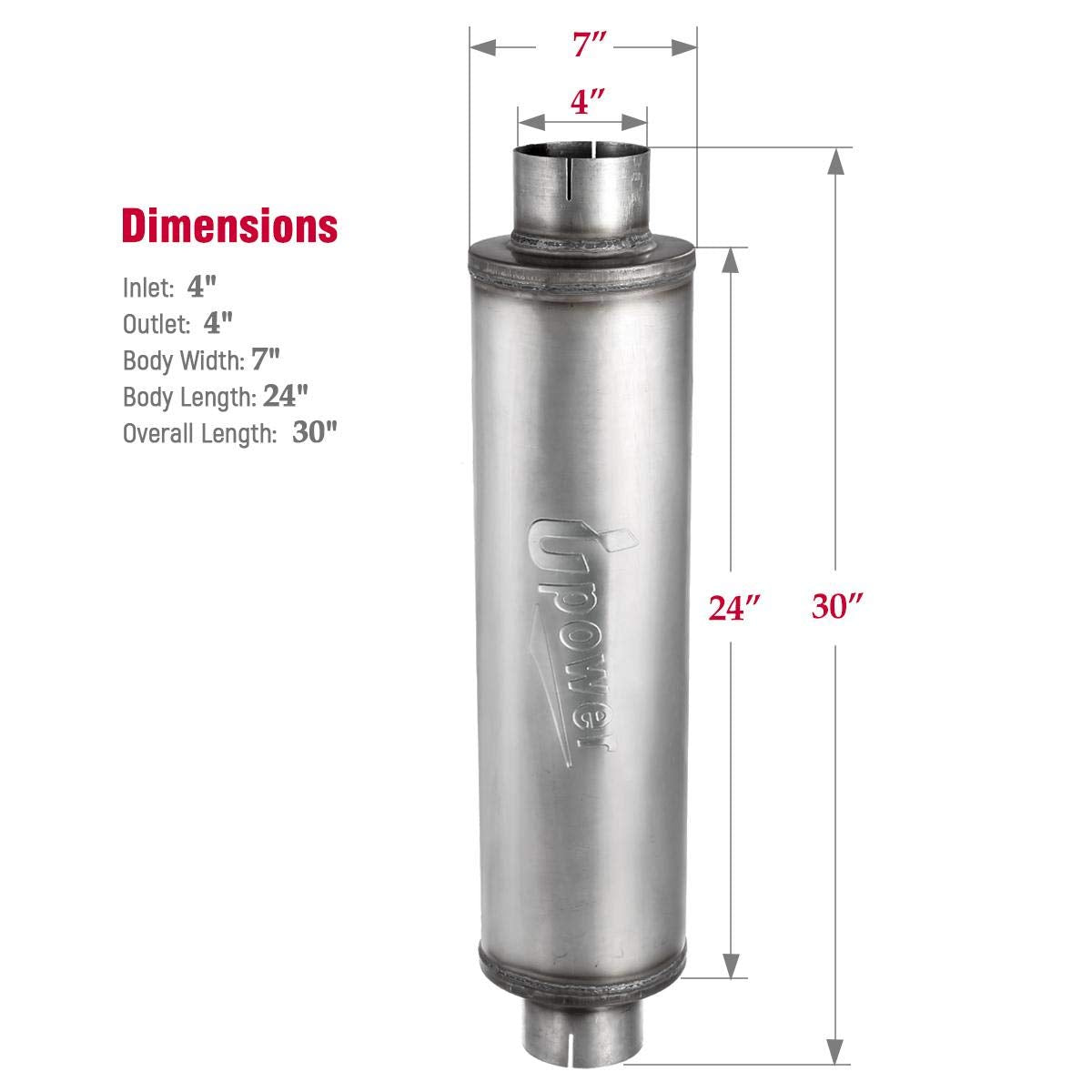 Upower 4'' Inlet Diesel Exhaust Muffler 7'' x 24'' Body 30'' Whole Length XS2772 - Straight Through Stainless Steel Welded On Re