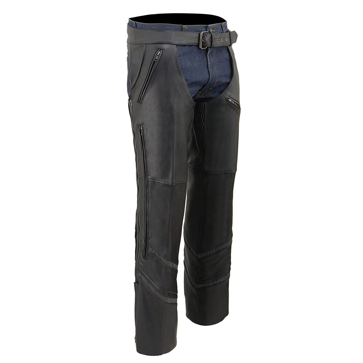 Milwaukee Leather ML1144 Men's Black Premium Leather Vented Motorcycle Rider Chaps w/Reflective Piping - Small