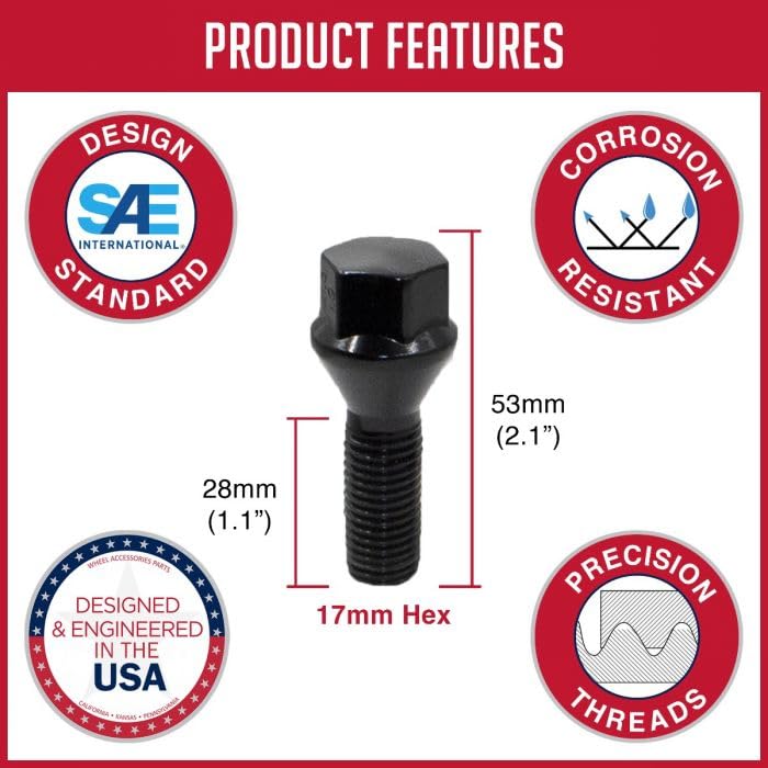Wheel Accessories Parts 20 Pcs M14 X 1.5 14 X 1.5 Thread Acorn Seat Lug Bolt 17Mm Hex 28Mm Thread Length Black Fits Bmw 2002-08