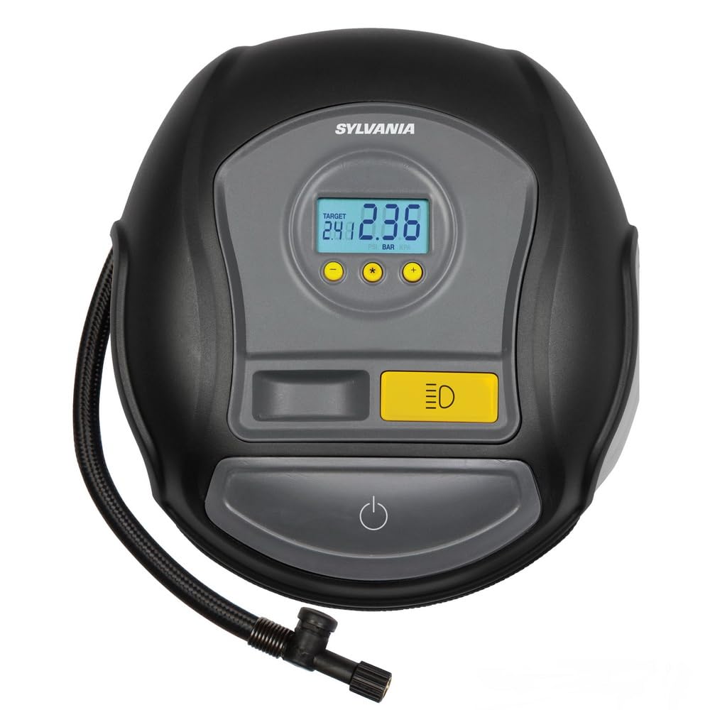 Sylvania Pro Portable Tire Inflator - Functions As A Portable Air Compressor - For Cars Tires, Bikes & More - Digital Dial On Car Tire Inflator - 3 Piece Adapter Set