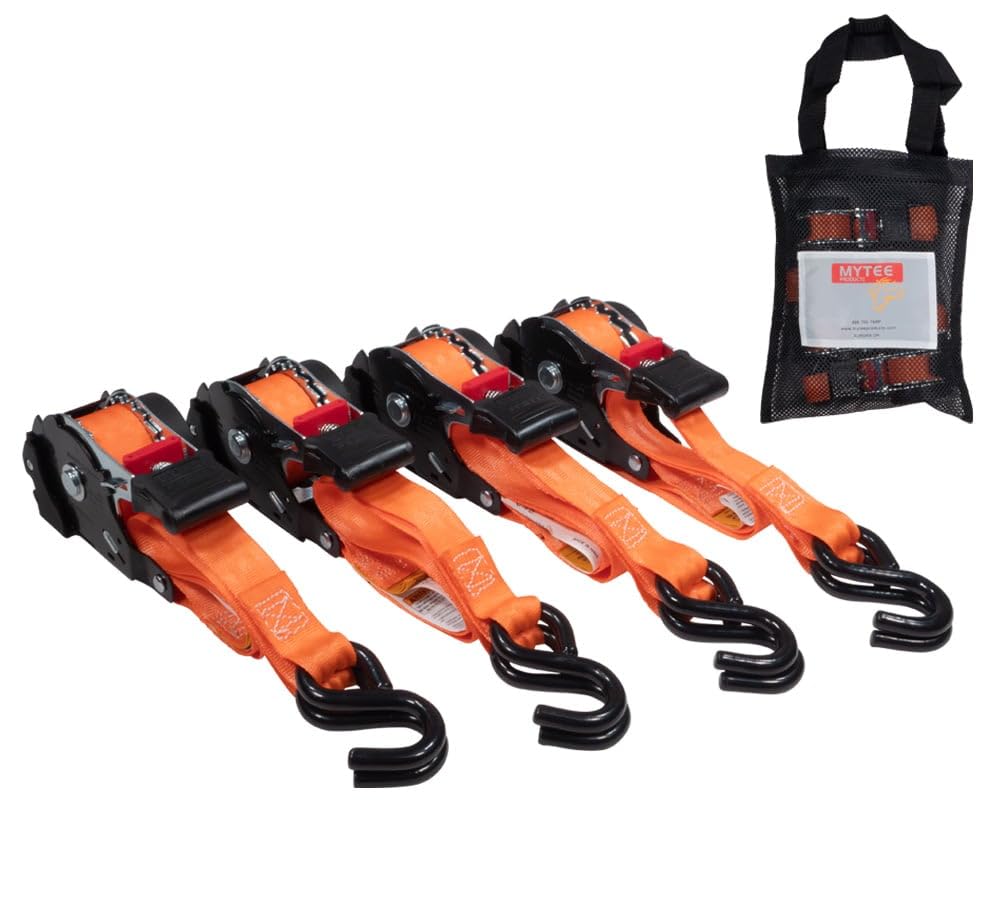 Mytee Products 4 Pack Orange Auto Retract NORATCHETING Ratchet Straps | 1 x 12 Retractable Ratchet Straps with Zinc Coated S 