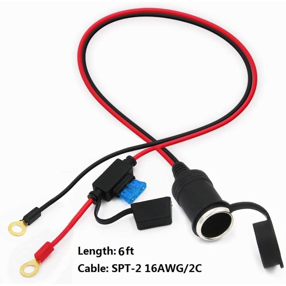 SPARKING 6FT Car Cigarette Lighter Plug Extension Cable with 15A Fuse - 12V Eyelet Terminals