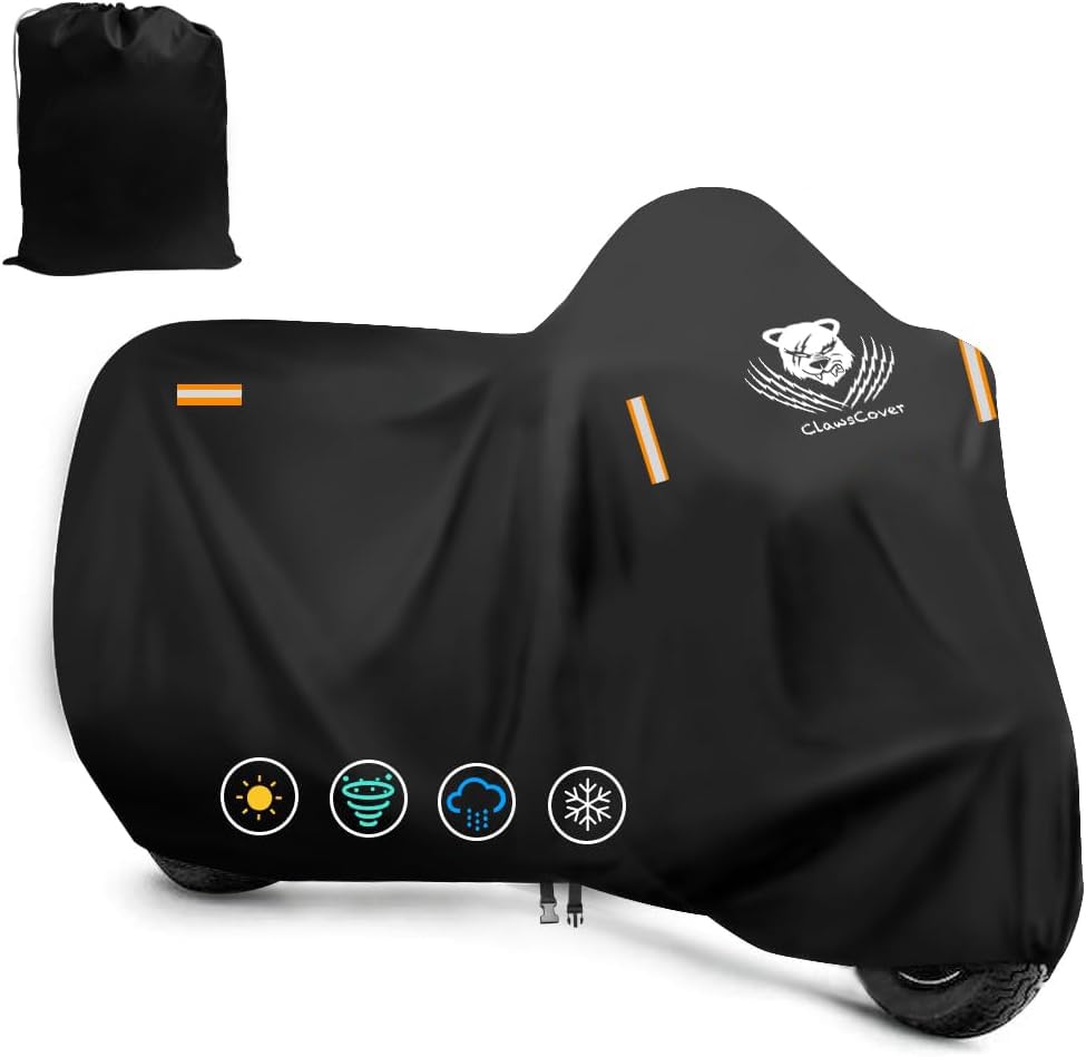 Motorcycle Covers Waterproof Outdoor Heavy Duty All Weather Protection Bike Cover With 7 Reflective Strip,Lock Holes,Air Vents,3
