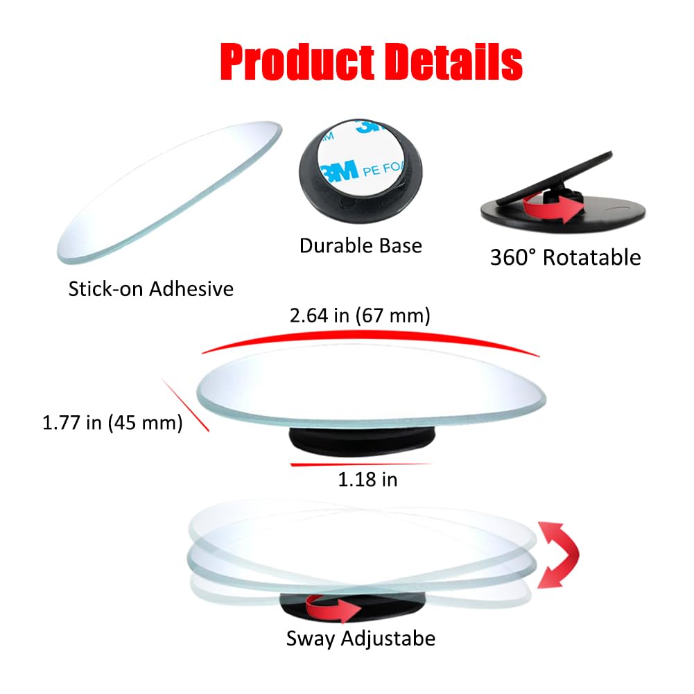 Ampper Blind Spot Mirror Oval, Hd Glass Frameless Stick On Adjustabe Convex Wide Angle Rear View Blind Spot Car Mirror For Car B