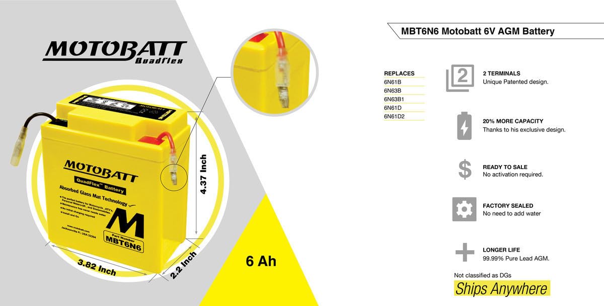Motobatt Mbt6N6 6V 6Ah Motorcycle Battery Replaces 6N6-3B