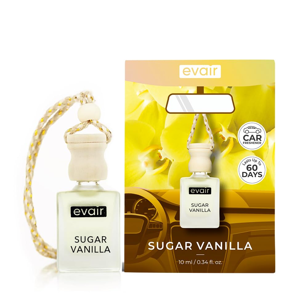 Evair Car Air Freshener with Essential Oils Fragrance in Glass Bottle with Wooden Diffuser Lid | 10 ml - Pack of 1 (Vanilla)