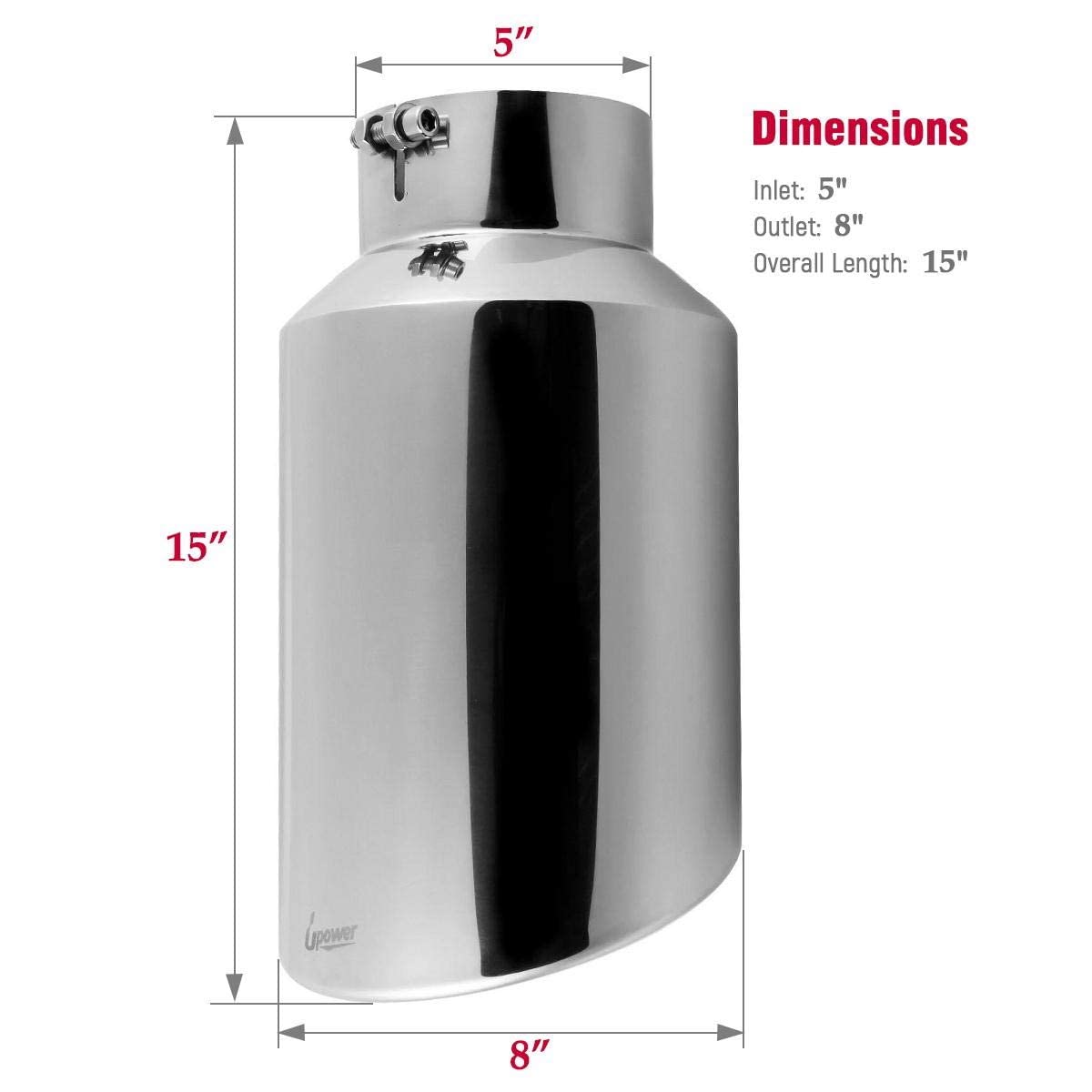 Upower 5'' to 8'' Diesel Exhaust Tip Universal Trucks Car Chrome 5 In Inlet 8 In Outlet Exhaust Tip 15'' Long 5 x 8 x 15 Inch Di