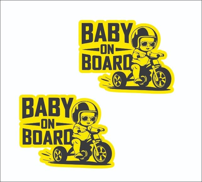 Baby On Board Sticker,(Pack Of 2) Yellow And Black, Bike Riding Baby Design, Car Decal, Self Adhesive Vinyl, 15 Cms Big, Water P