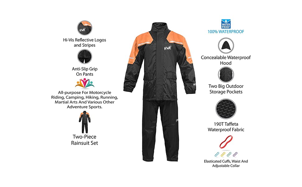 HWK Motorcycle Rain Suit, Waterproof Two-Piece Gear, 3X-Large, Hi-Vis Orange, Model R-1, Polyester for All-Season Riding