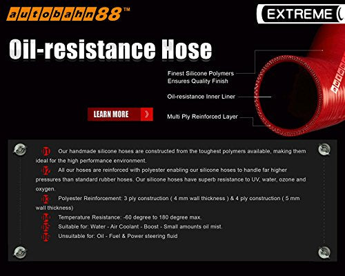 Autobahn88 Automotive Silicone Hose Bend, 90-Deg Elbow Coupler, ID=1'' (25mm), Leg Length 3.13'' (80mm), Wall Thickness= 0.16''
