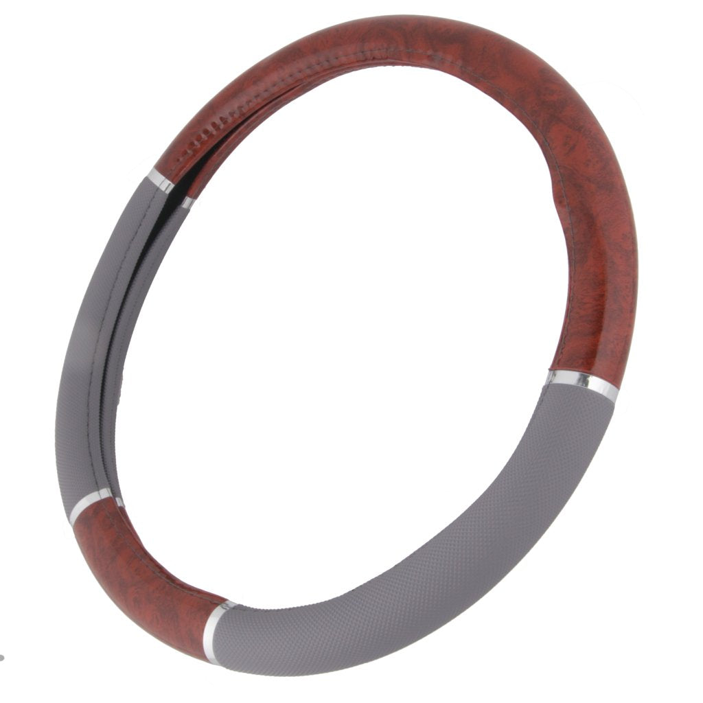 BDK Dark Wood Grain Steering Wheel Cover, 15 Universal Fit, Gray Faux Leather Grip for Auto, Truck, Van, SUV
