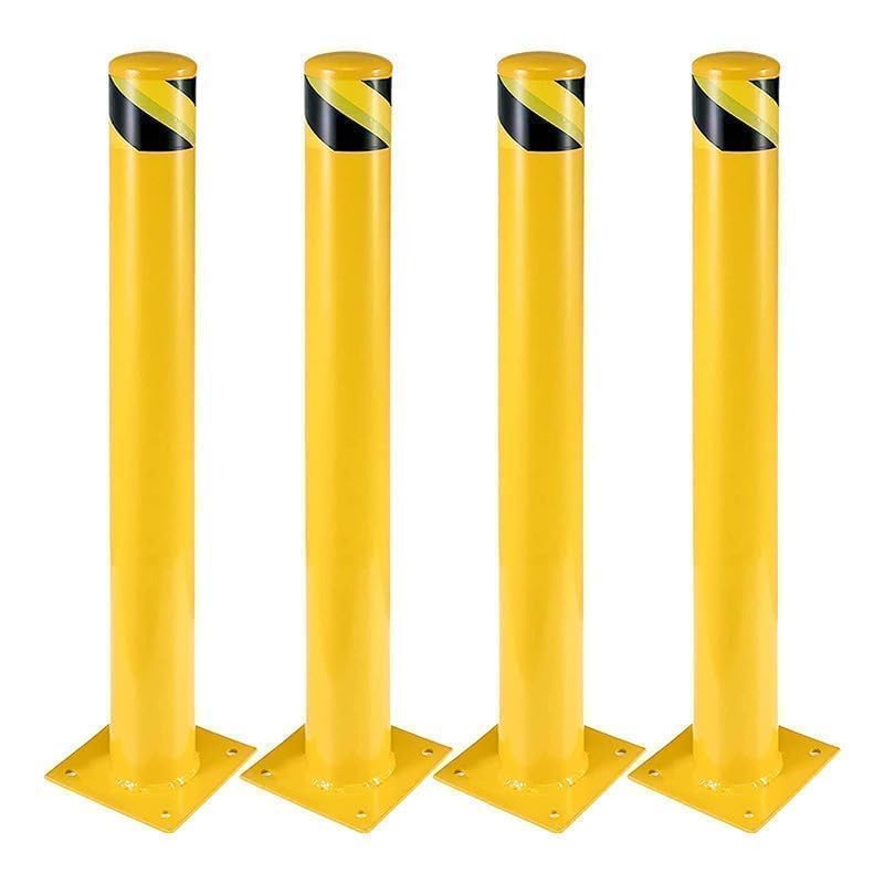 4-Pack 48 Inch Steel Safety Bollards, 4.5 Inch Diameter Parking Bollard Post with 16 Anchor Bolts, Yellow Safety Steel Bollard P