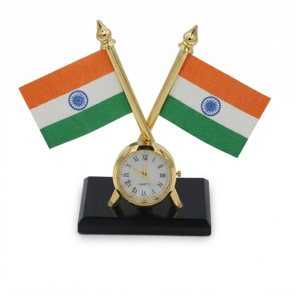 Rudraridez Bike Indian Flag With Quartz Watch On Rectangular Golden Metal Base Stand For Car Dashboard Office Gift Purpose Plati
