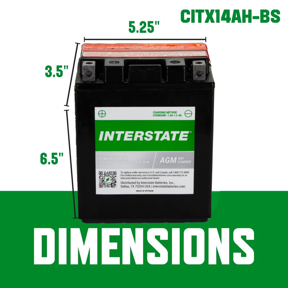 Interstate Batteries YTX14AH-BS 12V 12Ah AGM Powersports Battery for Kawasaki, Polaris, Yamaha ATVs, UTVs, Snowmobiles, Motorcycles
