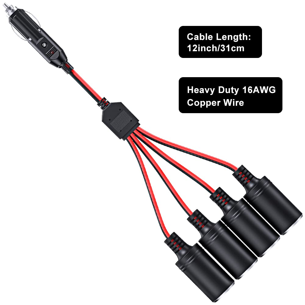 ELECTOP 4-Way Car Cigarette Lighter Splitter Adapter, 12V/24V Power Charger with 12-inch Extension Cord & 15A Fuse, 16AWG Cable