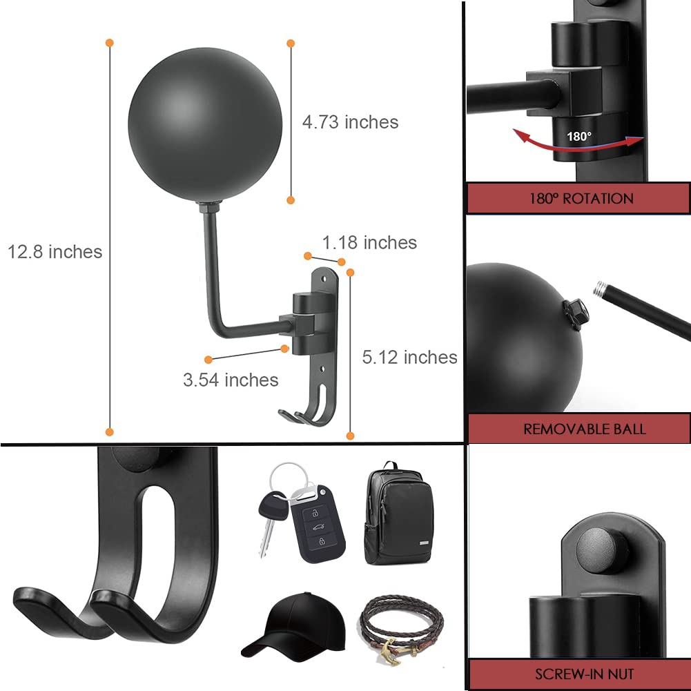 Sangmo Grey 180 Motorcycle Helmet Rack, Rotation Metal Wall Mounted Holder With 2 Hooks For Bike Coats, Caps, Baseballs (2 Pcs)