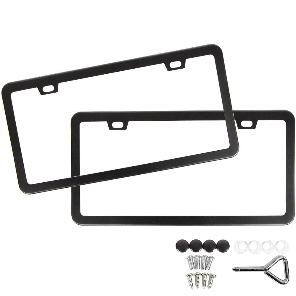 Sunplustrade License Plate Frame Black Matte Powder Coated Aluminum With Screw Caps (2 Pieces)