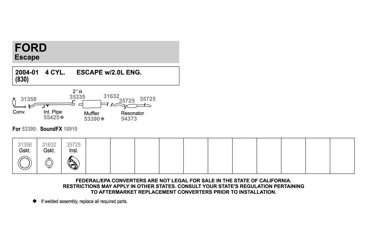Walker 54373 Direct Fit Exhaust Resonator And Pipe Assembly 2.25 Outlet (Od) For Ford Escape