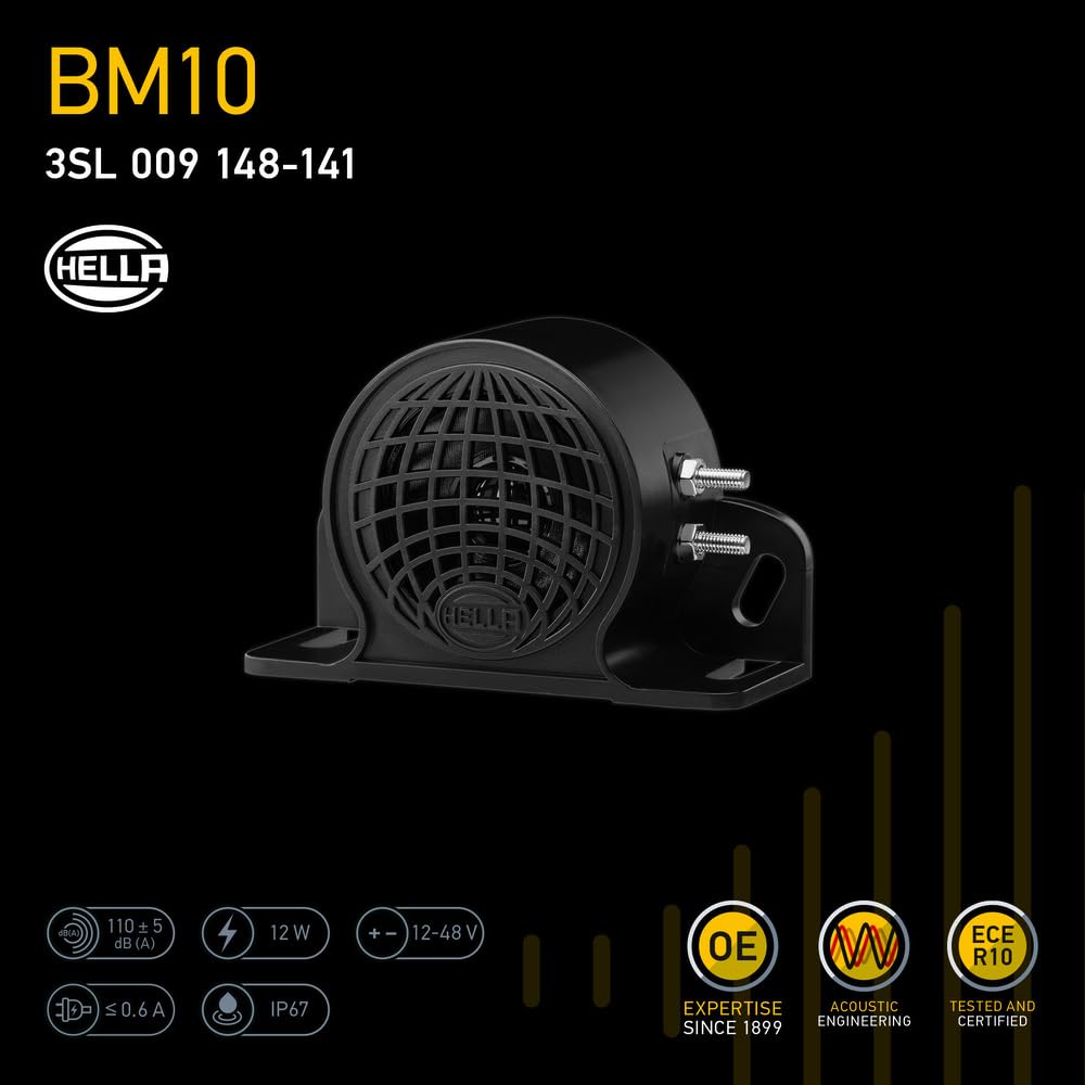 HELLA Back-Up Alarm 110 Db, Black, 9V/48V, Model 009148141, Metal Construction