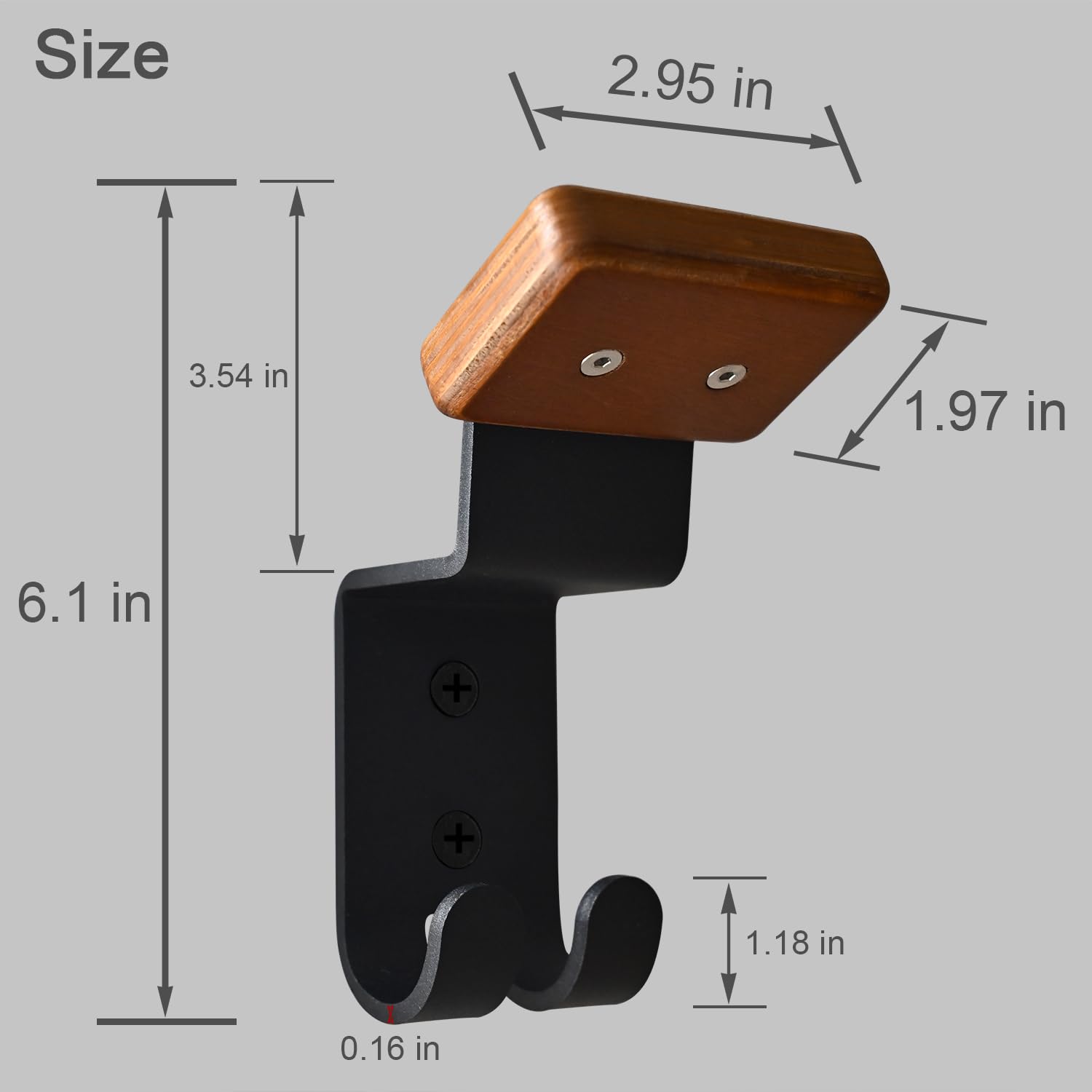 Qktxktzy Helmet Holder Wall Mount - Solid Wood & Steel, 2 Key Hooks, Black Brown, Ideal for Bike & Sports Gear