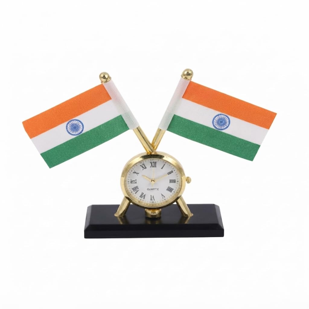 Aeroparts Bike Indian Flag With Quartz Watch On Rectangular Metal Base Stand For Car Dashboard Office Gift Purpose Pulsur 150Dts