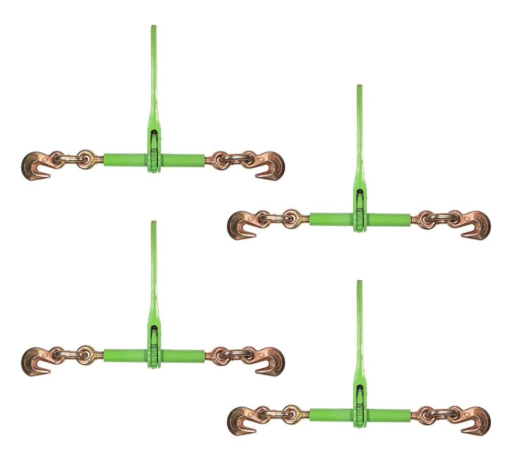 Mytee Products 4 Pack 3/8'' - 1/2'' Hi-Viz Green Heavy Duty Ratchet Load Chain Binder With Grab Hooks - 9,200 Lbs Working Load L