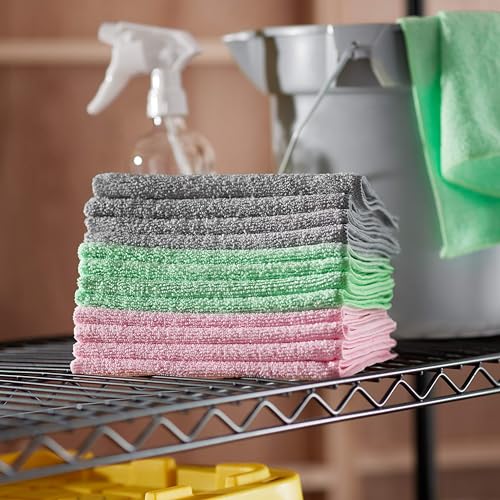 Amazon Basics Microfiber Cleaning Cloths, Non-Abrasive, Reusable And Washable, Pack Of 36, Green/Gray/Pink, 16'' X 12''