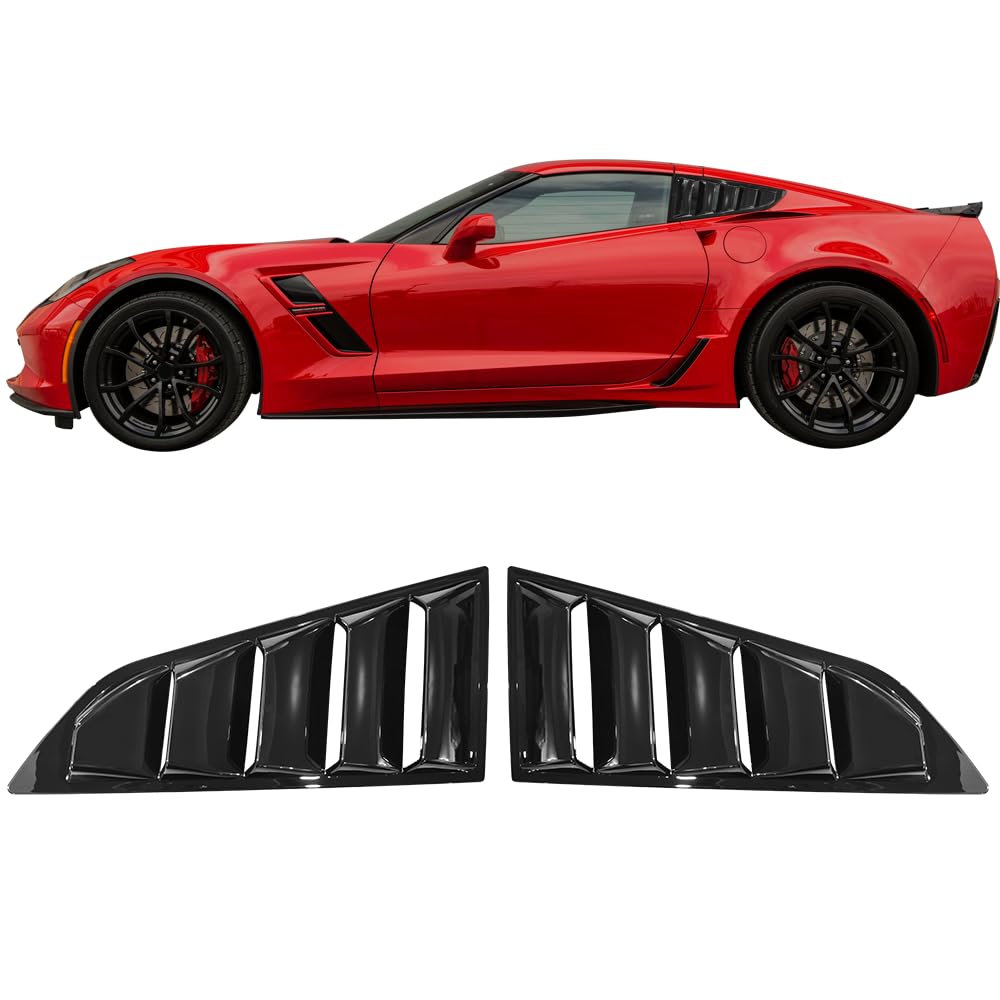 Ikon Motorsports, Window Louvers Compatible With 2014-2019 Chevy Corvette C7, Classic Style Gloss Black Left Right Sides Window Vents Sun Shade Guards, 2015 2016 2017 2018
