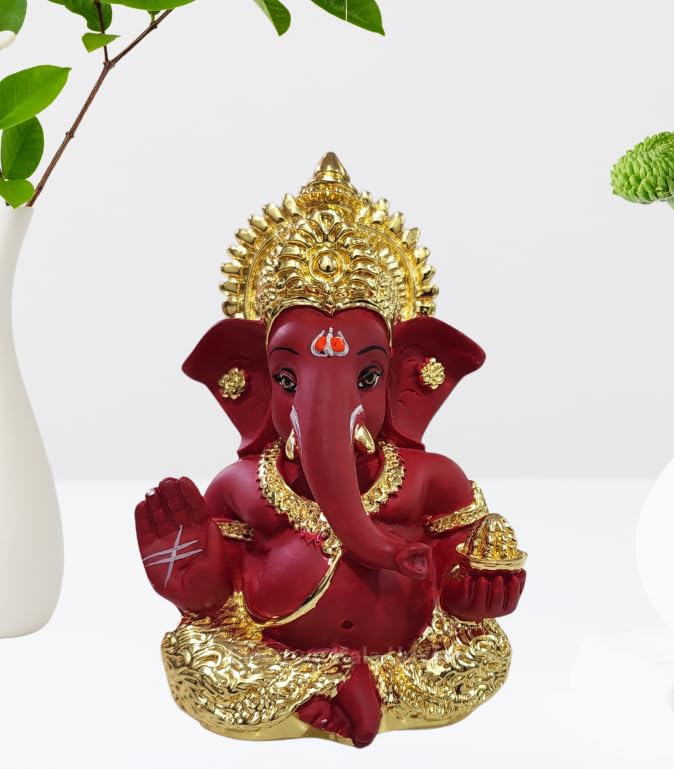 Electrum Kala Udyam Gold Plated Ganesha Idol For Car Dashboard, Office Desk, And Festive Gifting (Goldredmukut 3.5), Idol