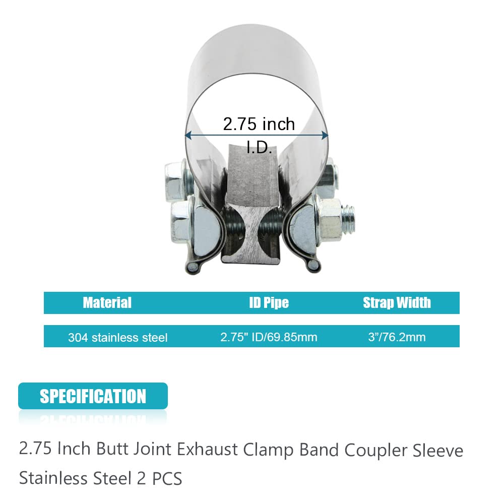 2.75'' 2.75 Inch Exhaust Clamp Butt Joint Band Clamp Sleeve Coupler Stainless Steel 2 3/4 Inch For Exhaust Pipes, Mufflers And C
