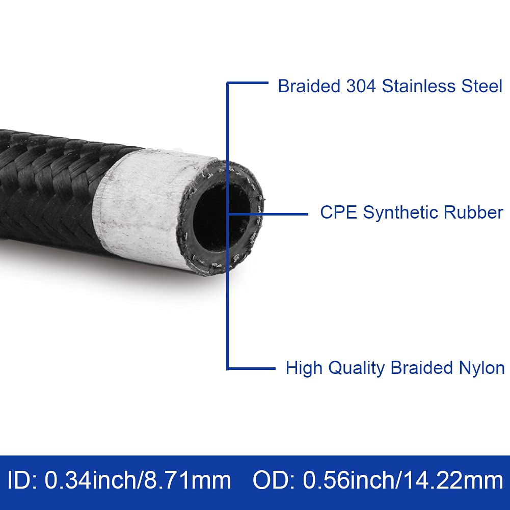 Byredio 6An Fuel Line 10Ft High Pressure Fuel Hose Fitting Kit Nylon Braided Stainless Steel Transmission Cooler For Oil,Gas, Fuel, Hydraulic