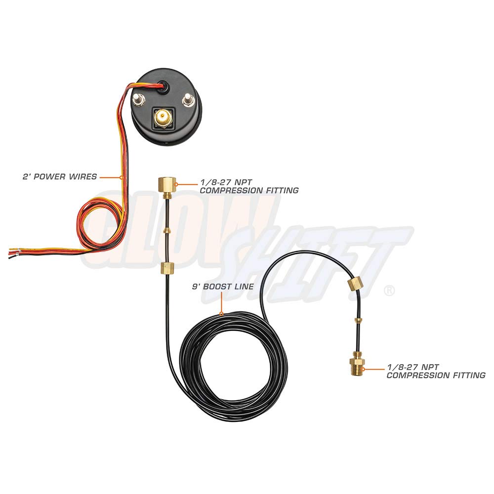 Glowshift Black 7 Color 35 Psi Turbo Boost Gauge Kit - Includes Mechanical Hose & Fittings - Black Dial - Clear Lens - For Car &