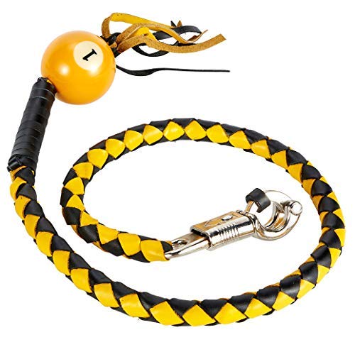 Dream Apparel 42 Leather Motorcycle Get Back Whip for Handlebar Fringed Biker Whip With Pool Ball, Black and Yellow