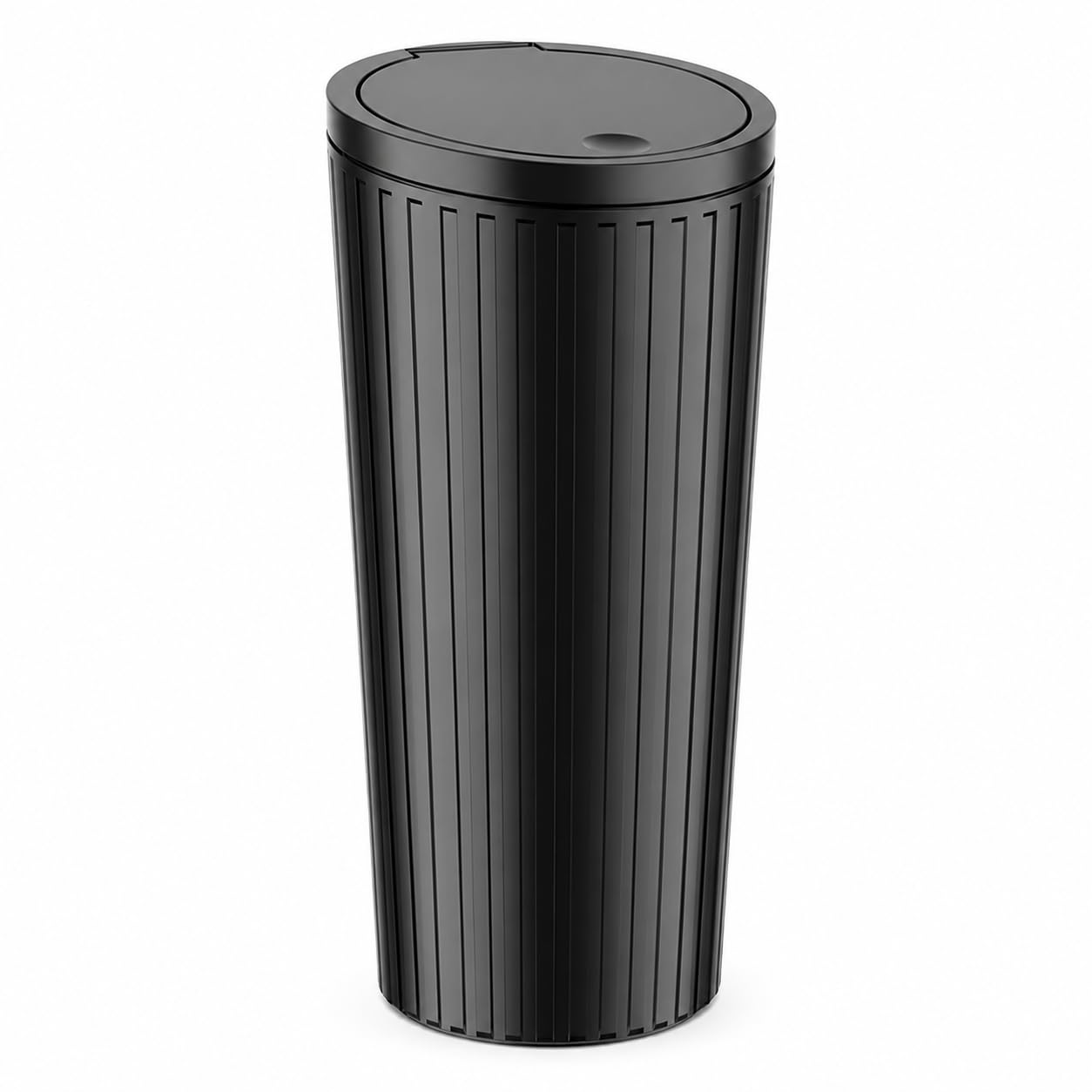 NEUVILLETTE Car Trash Can With Lid for Cup Holder, Compact Mini Garbage Bin With PushTop Cover, Ribbed Black Waste Container fo