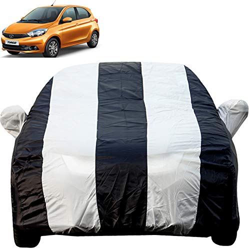 Tiago Dustproof Car Cover With Mirror Pockets, White Blue Stripes, Taffeta Polyster,Triple Stitched, Compatible With Tata Tiago