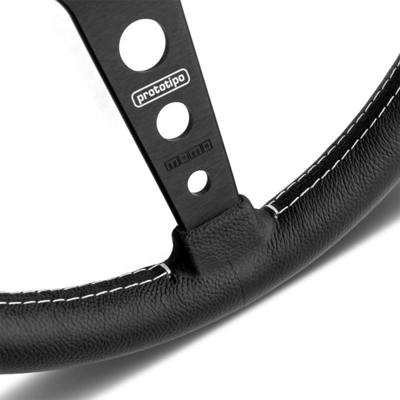 MOMO Motorsport Prototipo Steering Wheel Black Leather Grip Black Anodized Spoke White Stitching 350mm - PRO35BK2B
