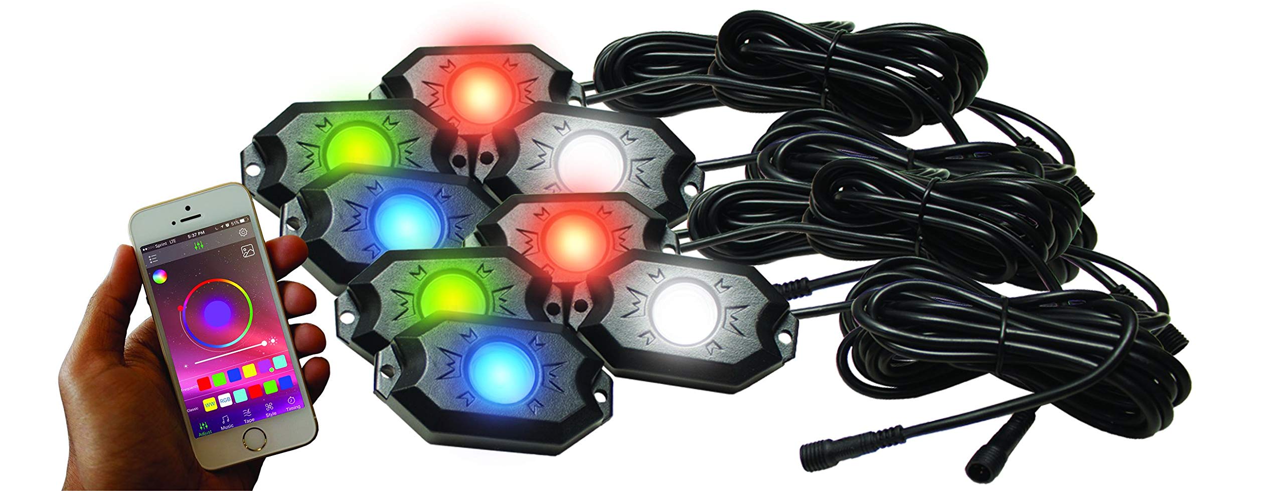 Race Sport Lighting Rs8Prgbw New 8-Pod Rgb+W Hi-Power Rock Light Complete Kit With Bluetooth App Controls In Retail Box,Black