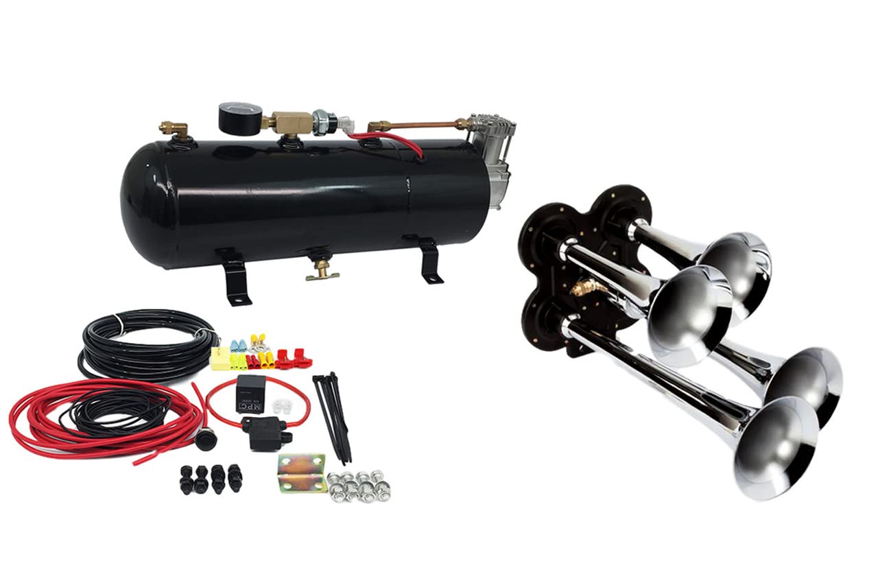 MPC 4 Trumpet Train Air Horn Kit - Fits Almost Any Vehicle: Truck, Car, Jeep, SUV. Includes Four Chrome Trumpets with All-In-One