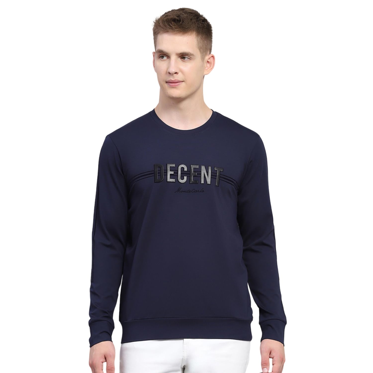 Monte Carlo Mens Printed Navy Blue Round Neck Full Sleeve TShirt