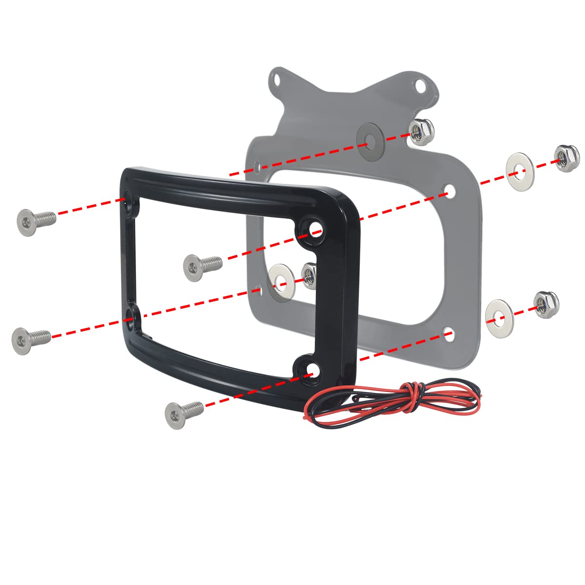 WOWTK Rear Fender Curved License Plate Frame with White LED for Harley Road Glide, Road King, Street Glide (2010-2024), Black, Metal