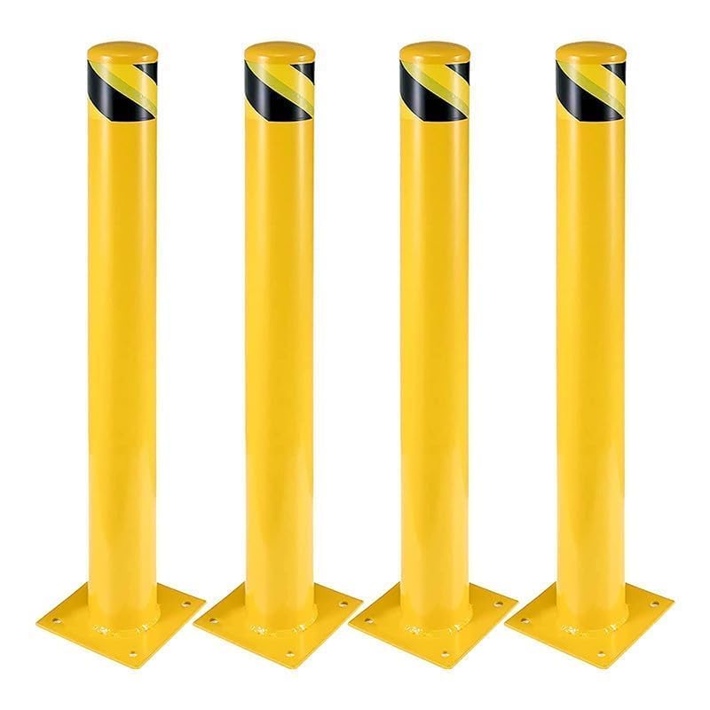 4-Pack 42 Inch Steel Safety Bollards, 4.5 Inch Diameter Parking Bollard Post with 16 Anchor Bolts, Yellow Safety Steel Bollard P