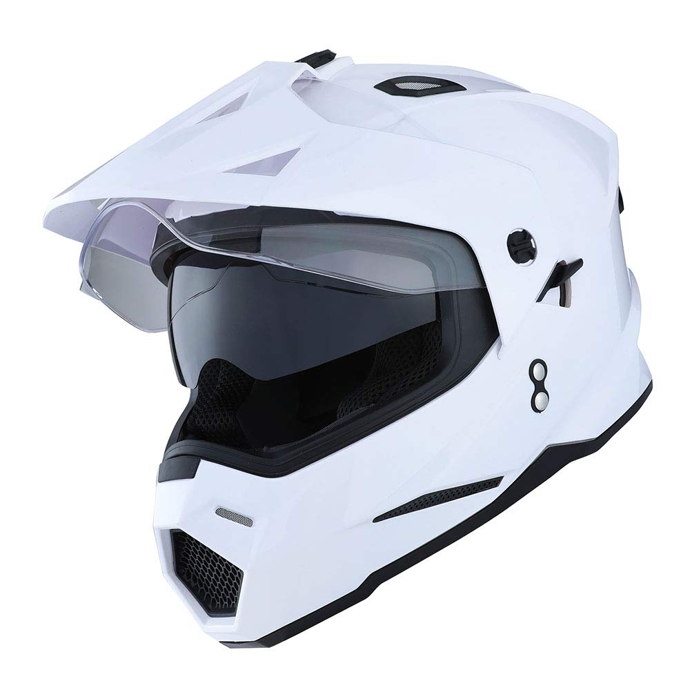 1Storm Dual Sport Motorcycle Motocross Off Road Full Face Helmet Dual Visor Glossy White, Size Small