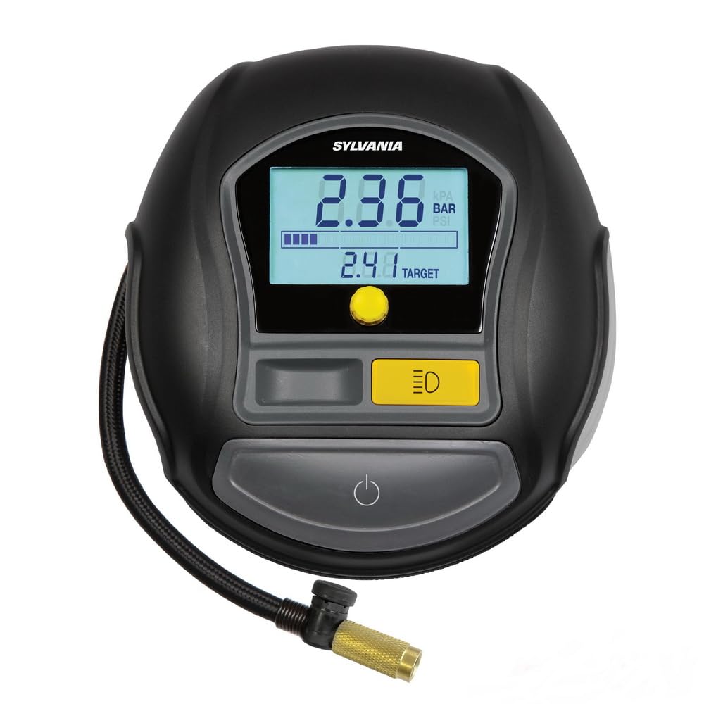 Sylvania Rapid Portable Tire Inflator - Fast Portable Air Compressor - For Cars Tires, Bikes & More - Digital Dial On Car Tire Inflator - 3 Piece Adapter Set