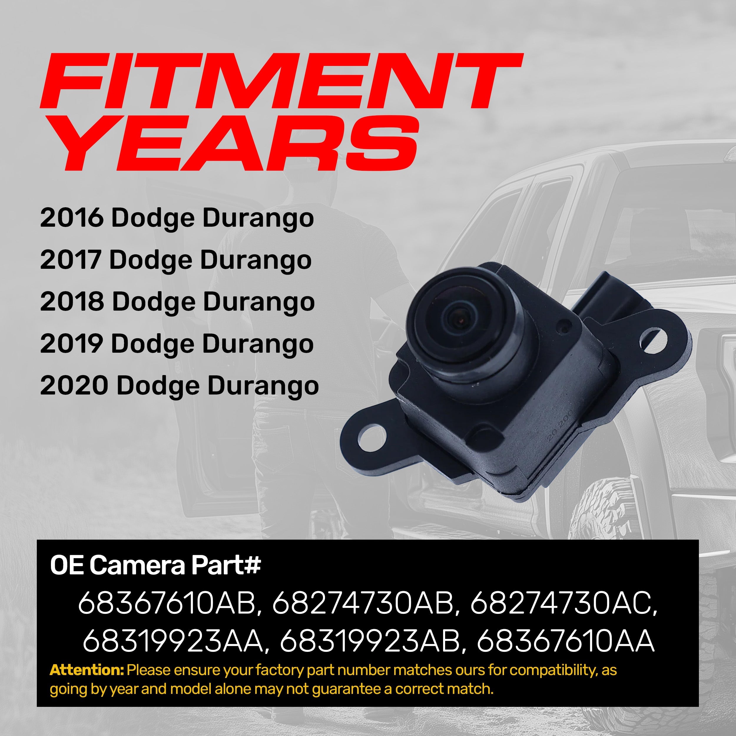 Dodge Durango (2016-2020) OEM Replacement Backup Camera OE Part # 68274730AB, 68274730AC, 68319923AA, 68319923AB, 68367610AA, 68367610AB