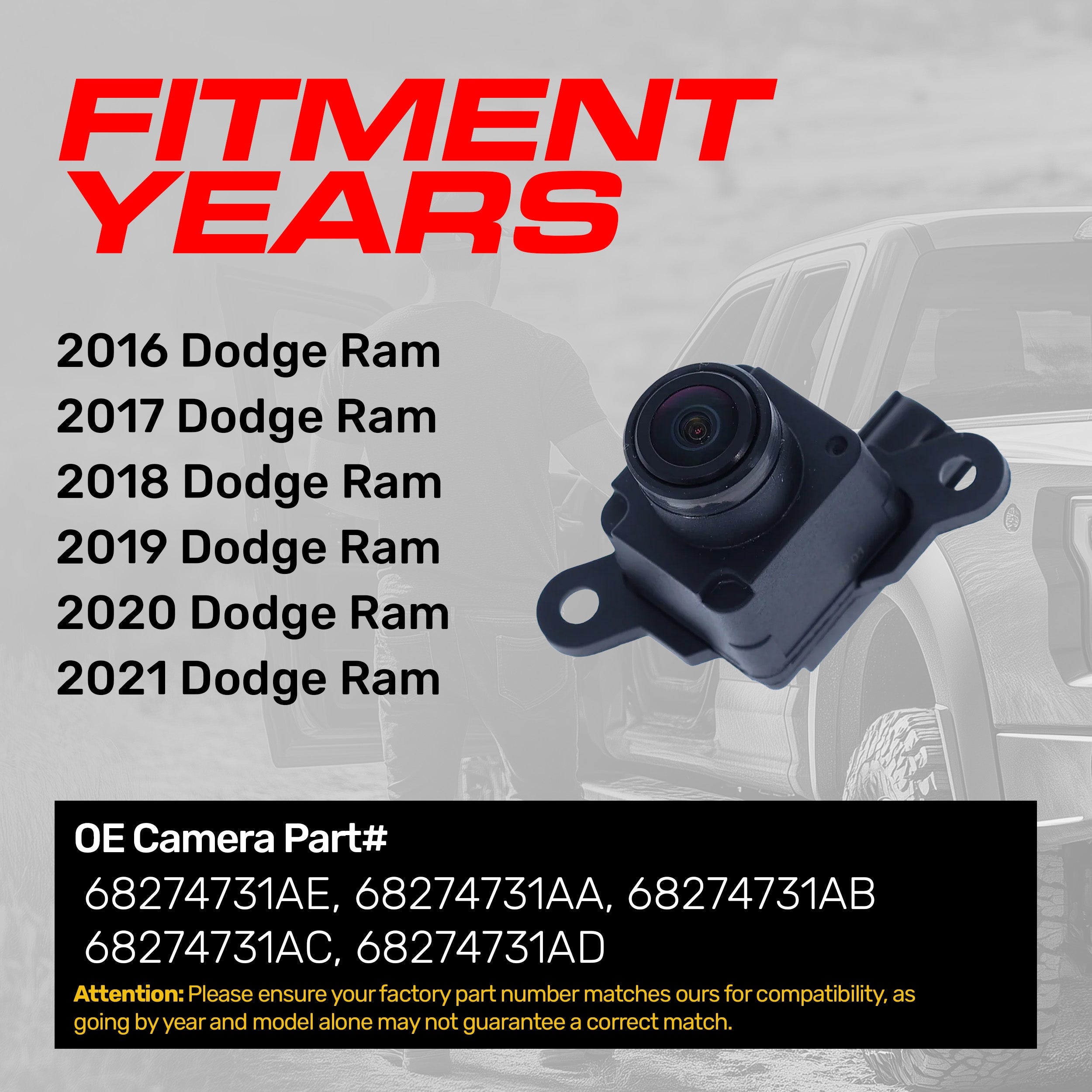 Dodge Ram (2016-2021) OEM Replacement Backup Camera OE Part  # 68274731AA, 68274731AB, 68274731AC, 68274731AD, 68274731AE